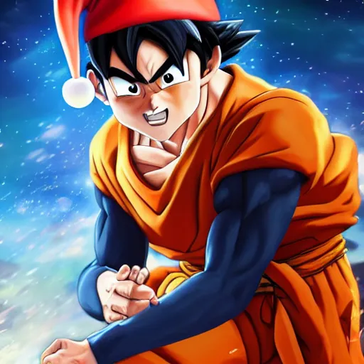 Prompt: an oil painting of a son goku wearing a christmas hat, by artgerm, hd, hdr, ue 5, ue 6, unreal engine 5, realistic anime 3 d style, cinematic 4 k wallpaper, 8 k, ultra detailed, gta 5 cover art, high resolution, artstation, award winning