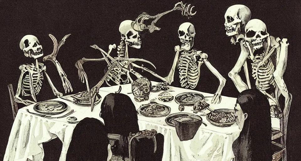 Image similar to Vintage fantasy art of a necromancer being served dinner by his loyal skeletons.