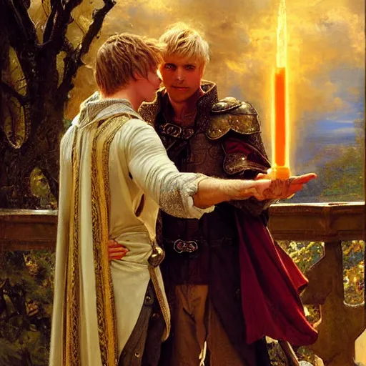 Prompt: attractive arthur pendragon in love with attractive male merlin the mage. they are in love. highly detailed painting by gaston bussiere, craig mullins, j. c. leyendecker