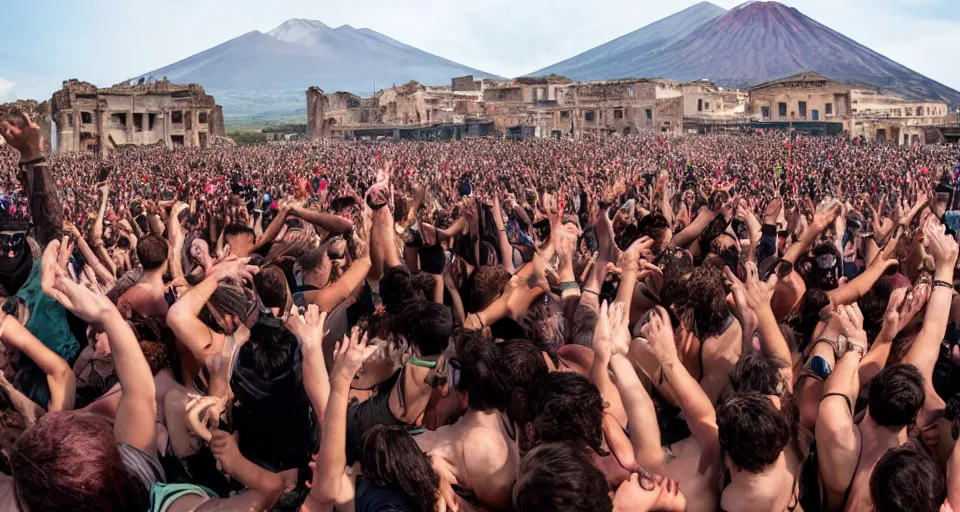 Prompt: mosh pit at edm music festival in pompeii while mount vesuvius is erupting, fresco