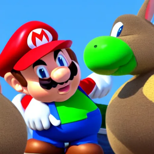 Prompt: big chungus in real life dressed like mario, super mario, big chungus, fat bugs bunny, high resolution photo