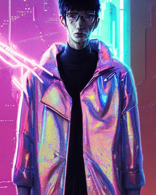 Image similar to detailed portrait of European Pretty Pale Guy Sheen Holographic Jacket coat, Futuristic sci-fi fashion, royal attire Akira, Evangelion, cyberpunk, neotokyo, synthwave, aesthetics, futuristic, low-emission-neon, bladerunner movie scene by ismail inceoglu dragan bibin hans thoma greg rutkowski Alexandros Pyromallis Nekro Rene Margitte illustrated Perfect face, fine details, realistic shaded, fine-face, pretty face sharp chine
