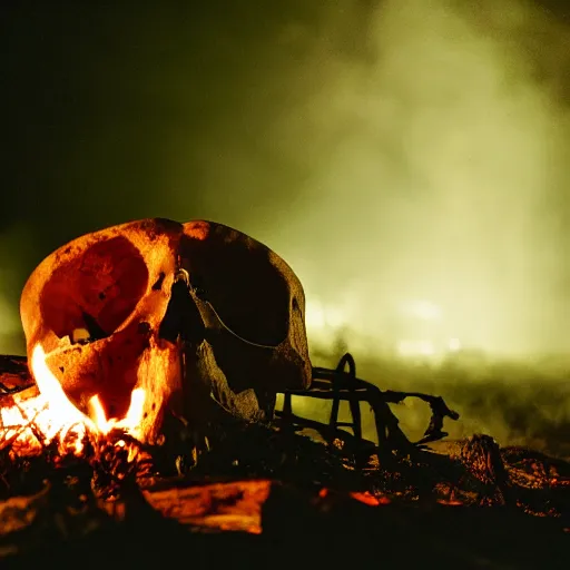 Image similar to skull in a campfire at night, spooky, horror, creepy lighting directed by wes craven