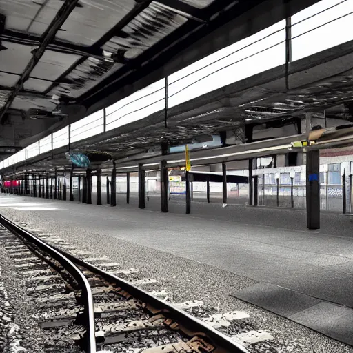 Image similar to 2 point perspective hyper realistic urban japanese train yard