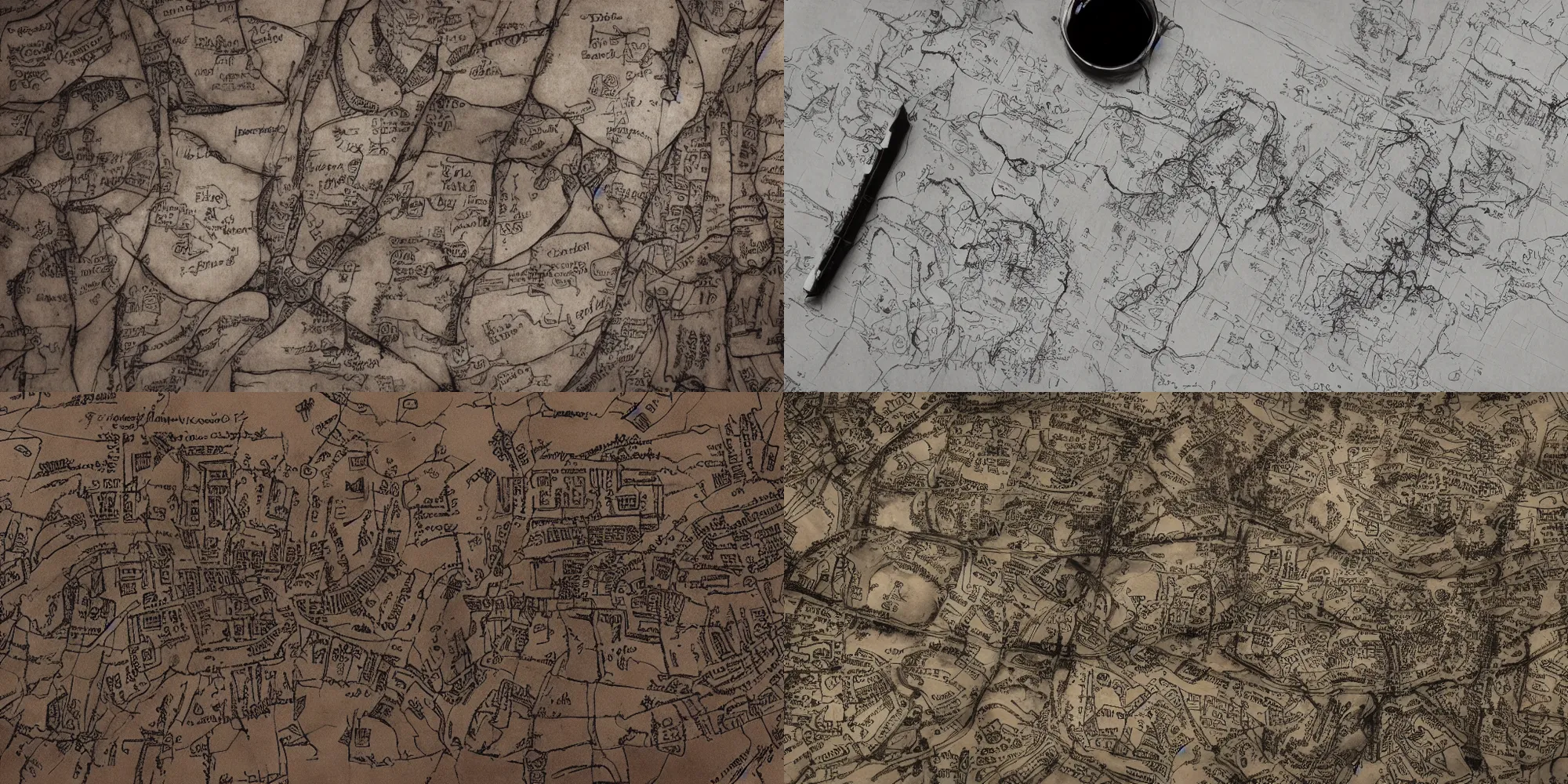 Prompt: marauders map from harry potter movie, ink cartography on realistic ripped leather, octane render, 8 k