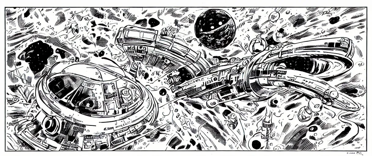 Prompt: an aaahh!!! Real monsters space station near a wormhole in outer space by Ralph McQuarrie Jack Kirby and Steve Ditko | Unreal Engine:. 7 | graphic novel: .3