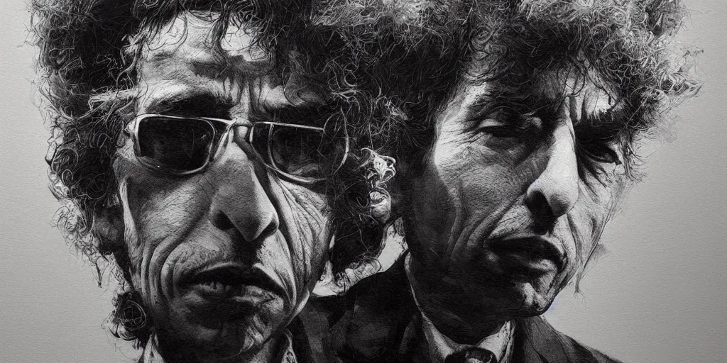 Image similar to bob dylan is sick of you already, contrast, kim jung gi, greg rutkowski, zabrocki, karlkka, jayison devadas, trending on artstation, 8 k, ultra wide angle, zenith view, pincushion lens effect