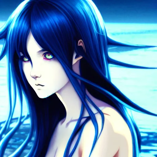 Image similar to long blue - haired girl with bangs gothic anime character with ( amber irises ) noir, screenshot, anime, sharp focus, intricate, illustration, cell shaded, digital painting, highly detailed, concept art, matte, art by ilya kuvshinov, wlop, and greg rutkowski, studio quality, james jean, artem demura