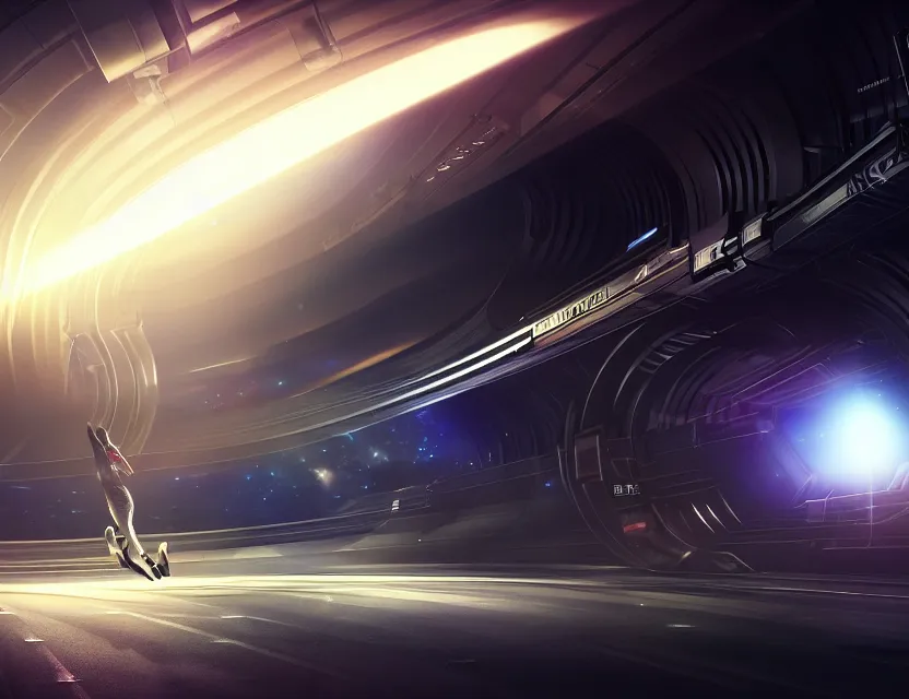 Image similar to highspeed hyper jump in space accelerated movement in the tunnel blurry forward movement glowing beams of light, hyper details, 4 k realistic, cryengine, realistic shaded lighting poster by artgerm, ross tran, fuji choko, 8 k resolution, trending on artstation, luxury