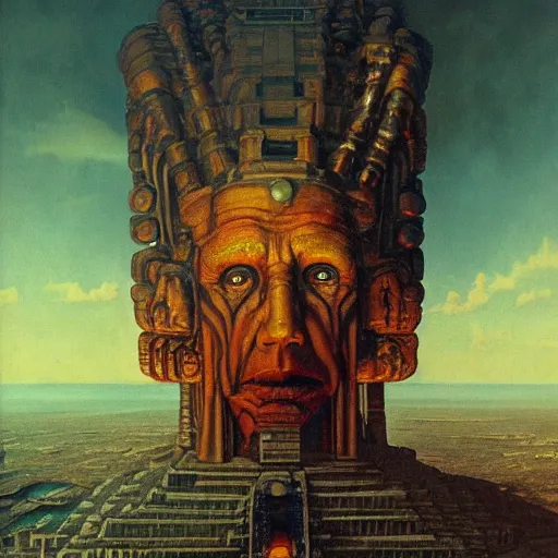 Image similar to giant mayan joe biden with flaming eyes standing over city, perfectly clear face, by j. c. leyendecker and beksinski