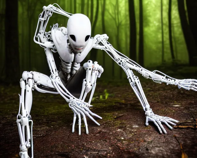 Image similar to photo of a white terminator spider with biomechanical cybernetic body in the forest. cyberpunk horror style. highly detailed 8 k. intricate. nikon d 8 5 0 5 5 mm. award winning photography.