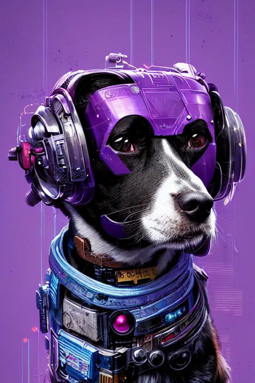 Image similar to a beautiful portrait of a cute cyberpunk dog by sandra chevrier and, greg rutkowski and wlop, purple blue color scheme, high key lighting, volumetric light, digital art, highly detailed, fine detail, intricate, ornate, complex, octane render, unreal engine, photorealistic