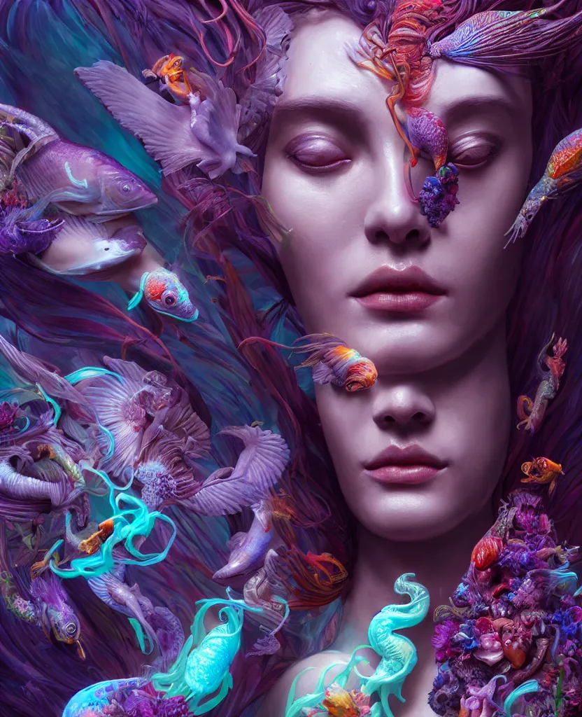 Image similar to goddess full color painted acryllic sculpture close-up portrait. orchid bird phoenix head, nautilus, skull, betta fish, bioluminiscent creatures, intricate artwork by Tooth Wu and wlop and beeple. octane render, trending on artstation, greg rutkowski very coherent symmetrical artwork. cinematic, hyper realism, high detail, octane render, 8k