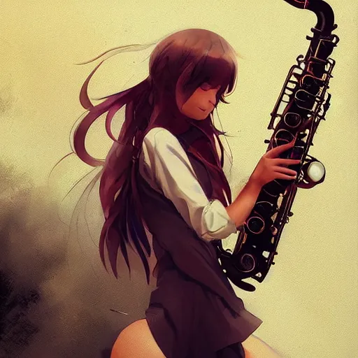 Image similar to anime girl Playing the sax instrument , digital Art, Greg rutkowski, Trending cinematographic artstation