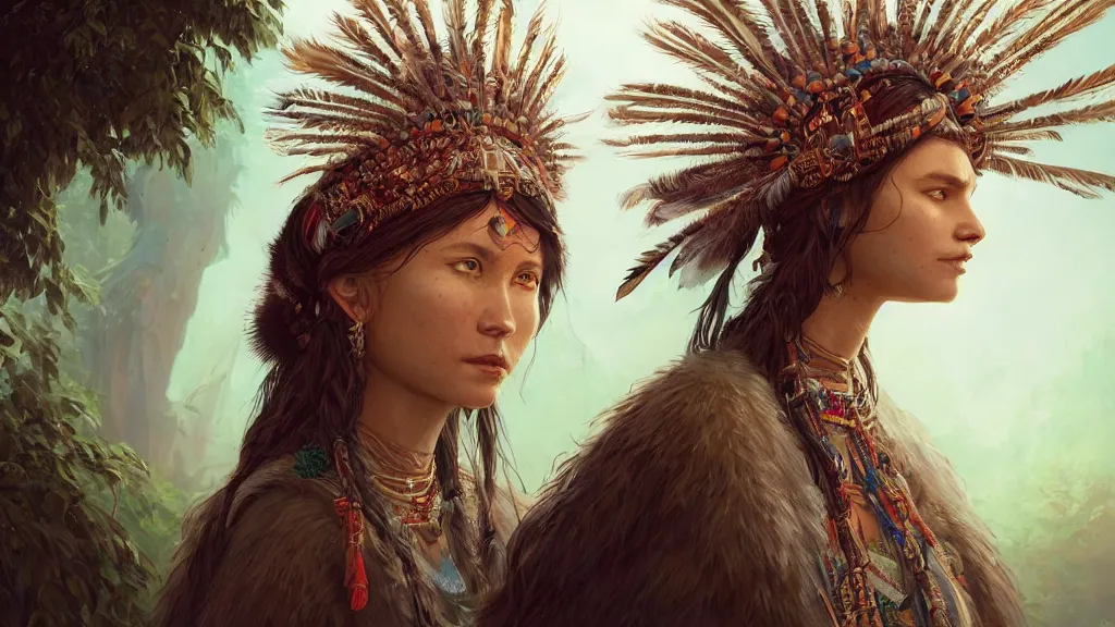 Image similar to highly detailed portrait of a n indigenous woman, feathered headdress, traditional clothing, unreal engine, fantasy art by greg rutkowski, ferdinand knab, makoto shinkai and lois van baarle, ilya kuvshinov, rossdraws, tom bagshaw, global illumination, radiant light, detailed and intricate environment