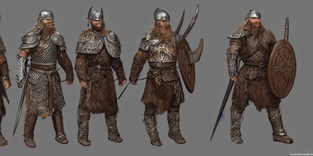 Image similar to three different views of a viking in armour, concept art by senior character artist, trending on artstation, artstation hd, full body