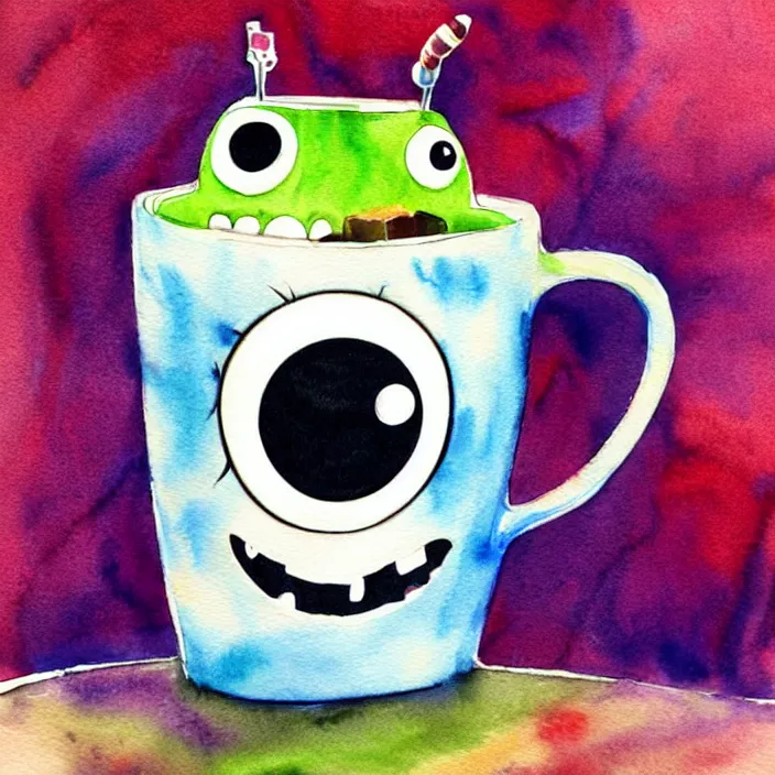 Prompt: cute coffee cup monster with googly eyes, pixar illustration, watercolor splash, dreamworks