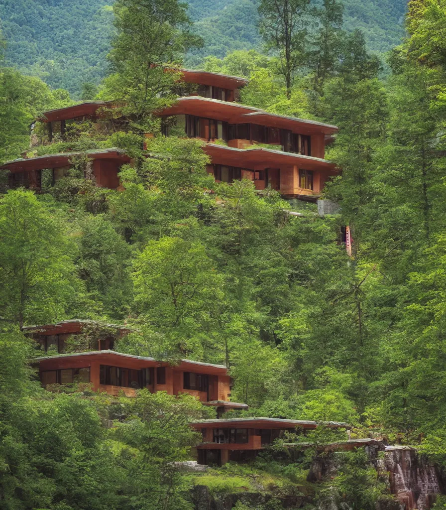 Image similar to of a green spring mountain athmosphere with beautiful forest permeated by a magical river showing a multistory house in the architect style of frank loyd wright made out of natural stone bricks from the distance with mythical european mountains in the background, artstudio, colorful in the art style of Kerry Milligan