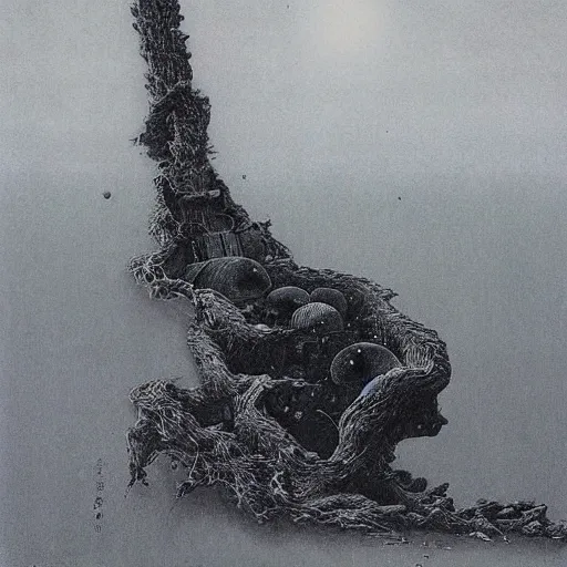 Prompt: new strange animals are coming down from the sky, a painting by Zdzisław Beksiński and Studio Ghibli