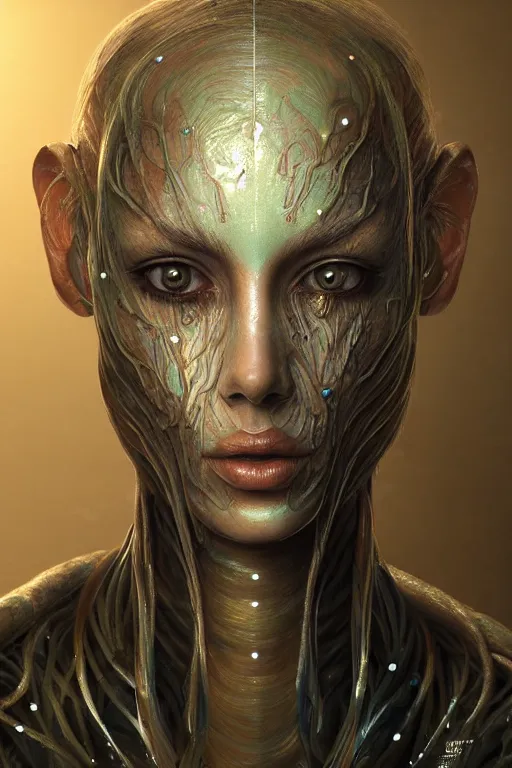 Image similar to beautiful portrait of a mutant algae plant character, intricate transhuman, dystopian cyberpunk, eyelashes, extremely detailed, digital painting, sculpted in zbrush, artstation, concept art, smooth, sharp focus, illustration, chiaroscuro soft lighting, golden ratio, rule of thirds, fibonacci, incredible art by Stanley Artgerm Lau and Greg Rutkowski, composition by mike mignola and Simon Stalenhag,