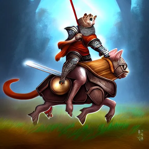 Image similar to hamster knight riding his trusty cat steed into battle, digital fantasy art, high resolution