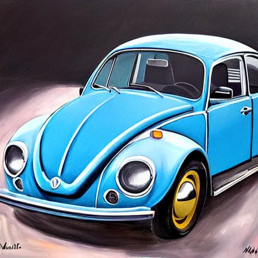 Prompt: painting of a 1970 vw beetle painted by Quentin Mabille