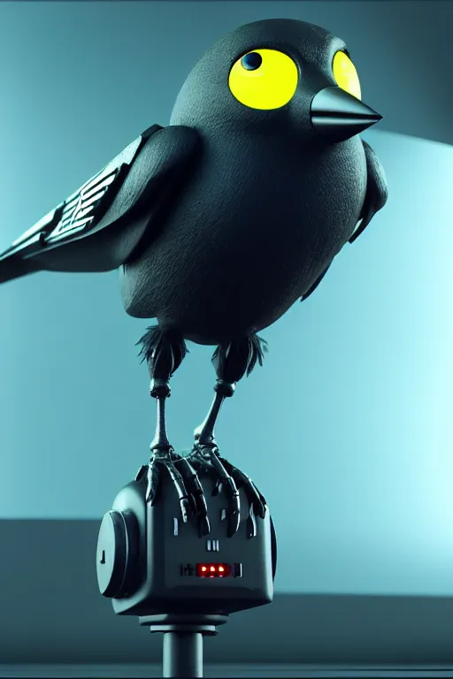 Prompt: high quality 3 d render very cute cyborg crow! sings into microphone!!, cyberpunk highly detailed, unreal engine cinematic smooth, in the style of blade runner & detective pikachu, hannah yata charlie immer, moody light, low angle, uhd 8 k, sharp focus