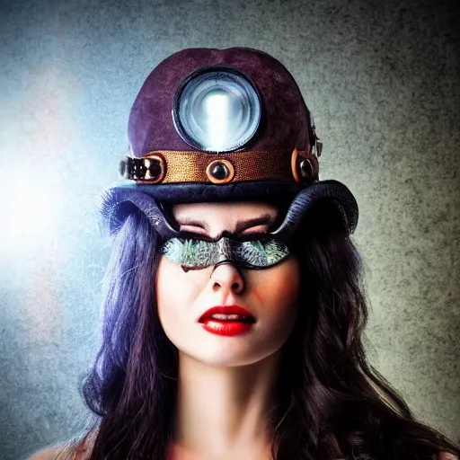 Prompt: steampunk woman dark hair illuminated by bright light dr. steel