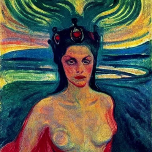 Image similar to queen of the dreamlands, beautiful! coherent! by edvard munch, by frank frazetta, deep colors, strong lines, high contrast