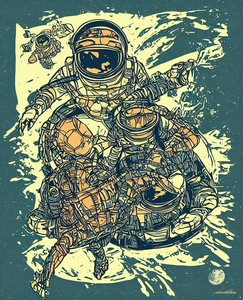 Prompt: turtle ninja astronaut!! on the path to his techno drone spaceship!! art nouveau vector graphic poster!, grunge retro,