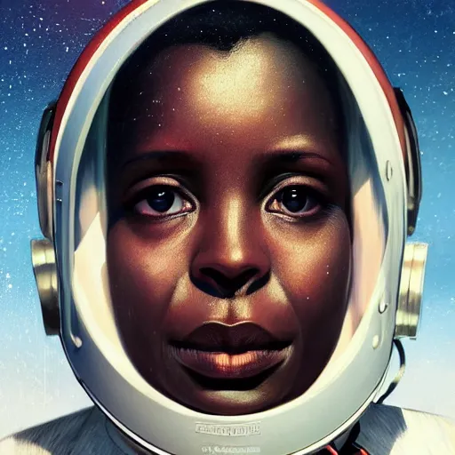 Prompt: A closeup portrait of a Sudanese woman (40), looking directly at the camera with an expression of barely contained panic, in a space helmet, strapped into a launch capsule digital art, fantasy art by Greg Rutkowski