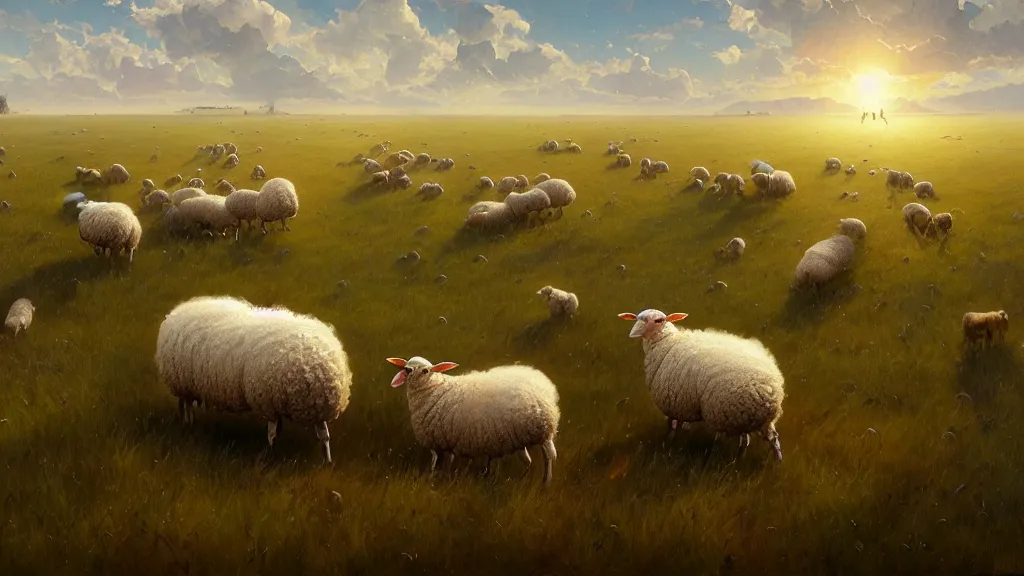 Image similar to sheep in a field being abducted by aliens, highly detailed, digital painting, artstation, concept art, smooth, sharp focus, illustration, art by simon bisley and greg rutkowski and alphonse mucha