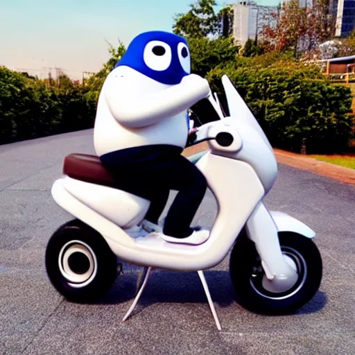 Prompt: Baymax riding a mobility scooter, photo