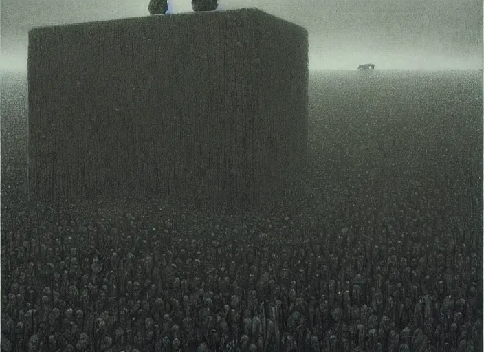 Image similar to people worshipping a black cube by beksinski