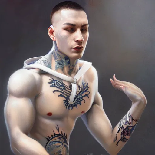 Image similar to A detailed matte oil on canvas painting of a young white male martial artist monk, orchid arm tattoos, fight stance by greg rutkowski and Charlie bowater, trending on artstationhd, dungeons and dragons art