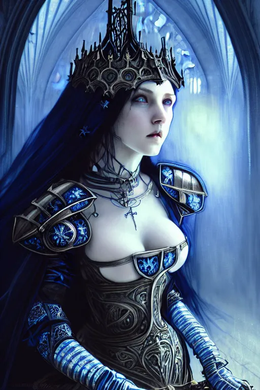 Image similar to beautiful luxury and gothic and victorian and evil medieval female blue & white color armor knight portrait+smoky eyes+light flowing hair, in ruin gothic cathedral, ultradetail face, art and illustration by tian zi and craig mullins and WLOP and alphonse mucha, fantasy, intricate complexity, human structure, fantasy world concept, watermark, blurry, hyperrealism 8k