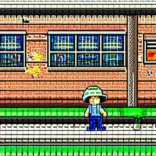 Prompt: a lazy miner, train station background, 8 - bit pixel art. cute. by studio ghibli