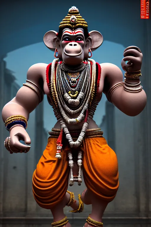 Image similar to high quality 3 d render post - rococo cyberpunk hanuman! head shri ram centre, madhubani, highly detailed, morning in sci - fi new delhi, cinematic smooth unreal engine, lee madgwick & liam wong, dramatic light, long shot, low angle, uhd 8 k, sharp focus