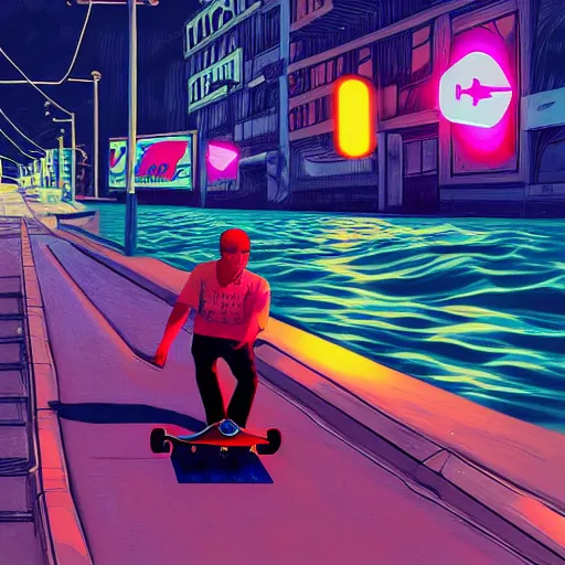 Prompt: skate in ocean. pop punk art, gta liberty city stories style art, no duplicate image, glowing lights, ultra details, digital painting, artstation, concept art, smooth, sharp focus, krita illustration, intricate, art by richard hamilton and mimmo rottela, pixels art by kirokaze and paul robertson - h 7 6 8