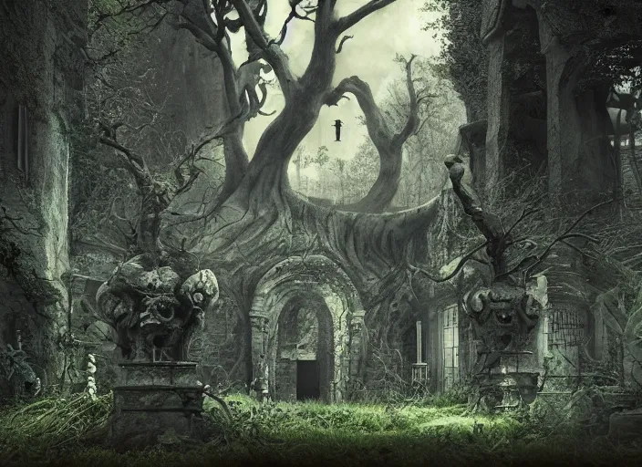 Prompt: secret dark garden, pathway, monster statues, in the style of pan's labyrinth movie, spooky, very dark, concept art, unreal engine 5, matte painting, artstation, caspar friedrich