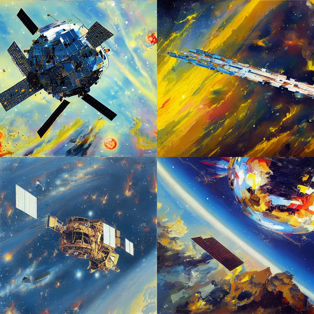 Prompt: a satellite orbiting earth, painting in the style of John Berkey