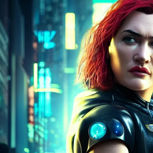 Image similar to kate winslet portrait, cyberpunk 2 0 7 7, cyberpunk judy alvarez, photorealistic, ultra detailed, neon, octane, bokeh, cinematic lighting, cyber, cyberpunk city, studio quality, feature, scars, cyberface, 8 k