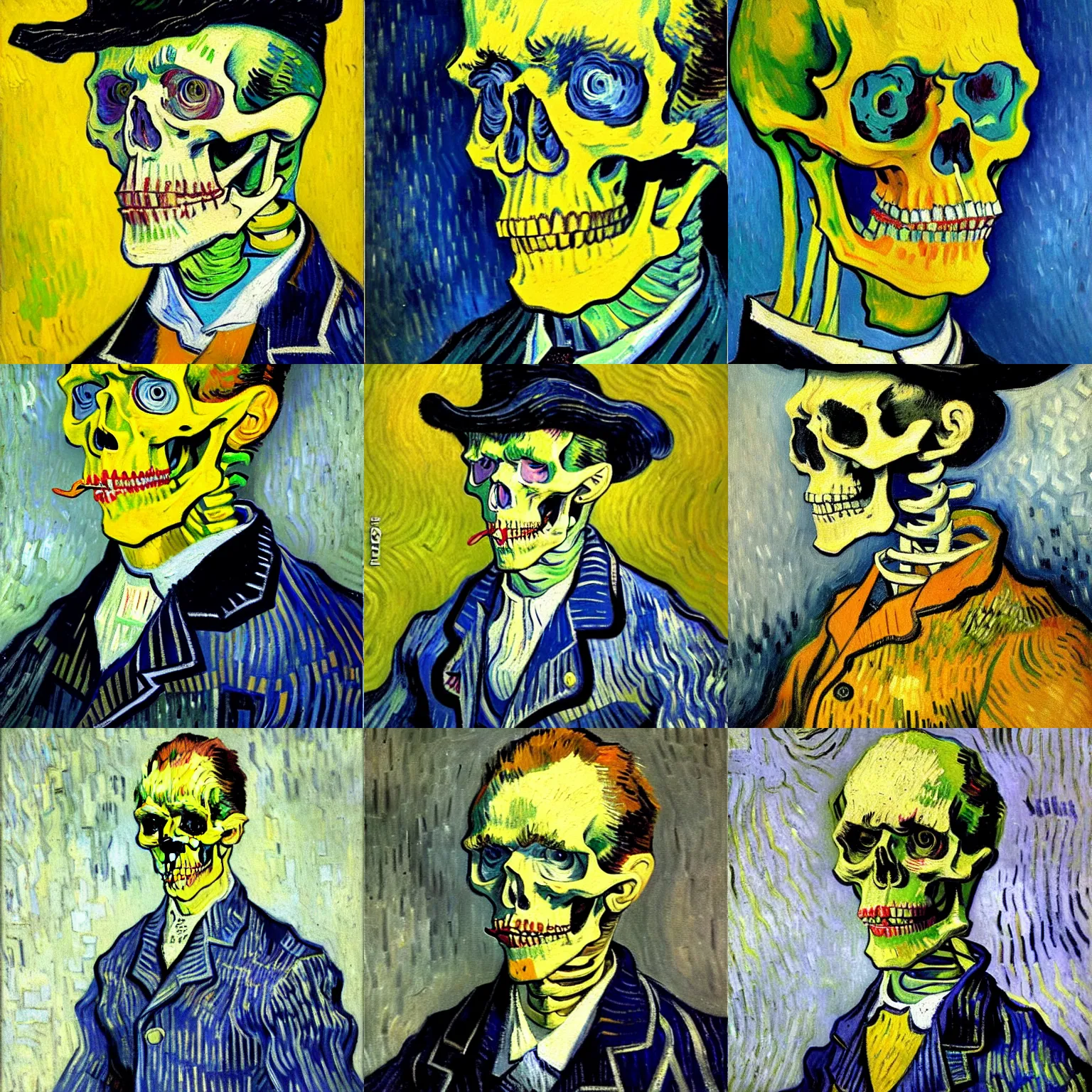 Prompt: detailed expressionist oil painting portrait by van gogh of a skeleton in a suit, a tall formal skeleton in suit and tie, expressionist portrait, color scheme of greys and whites and yellows, 8 k resolution, smooth, sharp focus, matte painting