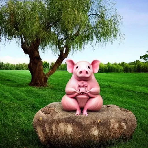 Image similar to a cute pig meditating like buddha on top of a giant mushroom, large willow tree in the background. ”