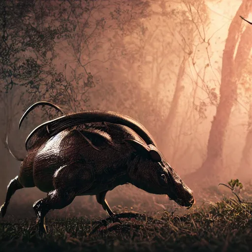 Prompt: black scorpion, hunting a wild boar, dark forest, night scene, highly detailed, intricate, dramatic lighting, octane render, photorealistic, hd, scary