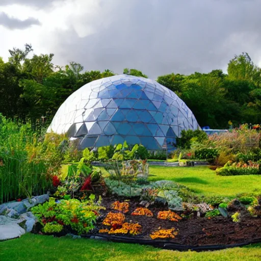 Image similar to geodesic dome with gardens and waterfall