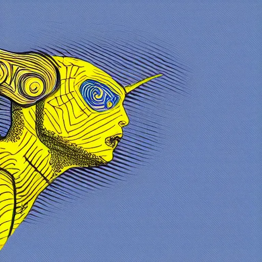 Image similar to human man that resembles a wasp morh in surreal sketch style, blue and yellow gradient, noise, ultrafine detail, hd 8k, logo illustration