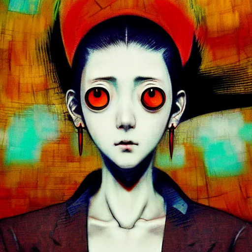 Image similar to yoshitaka amano blurred and dreamy realistic three quarter angle horror portrait of a sinister young woman with short hair, big earrings and red eyes wearing office suit with tie, junji ito abstract patterns in the background, satoshi kon anime, noisy film grain effect, highly detailed, renaissance oil painting, weird portrait angle, blurred lost edges