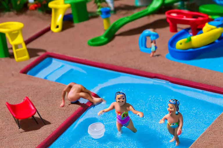 Image similar to fisher price public pool, california, in 2 0 1 5, perfect focus, scene from tv show hyper detailed 5 5 mm 8 5 mm, toy photography, made out of plastic