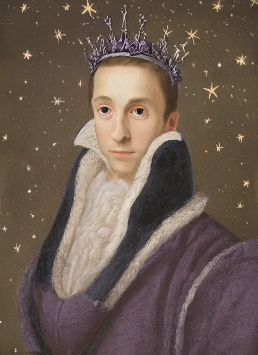 Image similar to close-up portrait of anthropomorphic owl Prince, man with a head of barn owl, glowing eyes, in a crown, soft glowing, wearing long royal robe, lilac, silver, black, bokeh, blurred space, stars, dreamy, romantic, painting in the museum, highly detailed, sharp focus, digital painting, artwork, by John James Audubon by Victor Adame Minguez by Yuumei by Tom Lovell by Sandro Botticelli